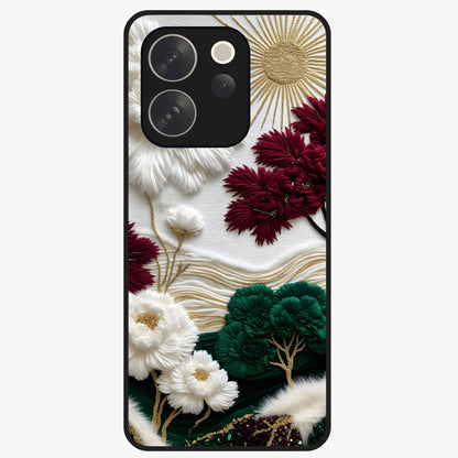 Radiant Bloom Elegance Glass Case showing flat back view with elegant blooming flower artwork and glossy glass finish.