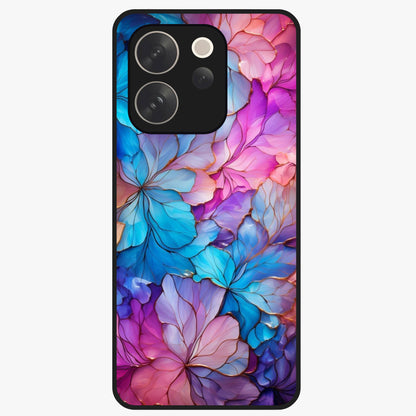 Radiant Floral Whirl Glass Case showing flat back view with swirling floral artwork and glossy glass finish.