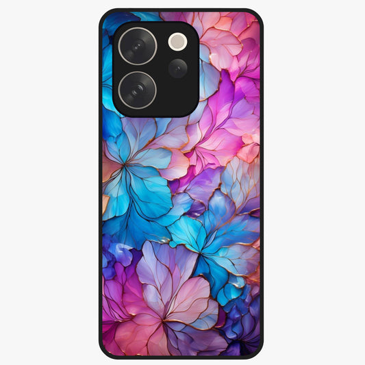 Radiant Floral Whirl Glass Case showing flat back view with swirling floral artwork and glossy glass finish.