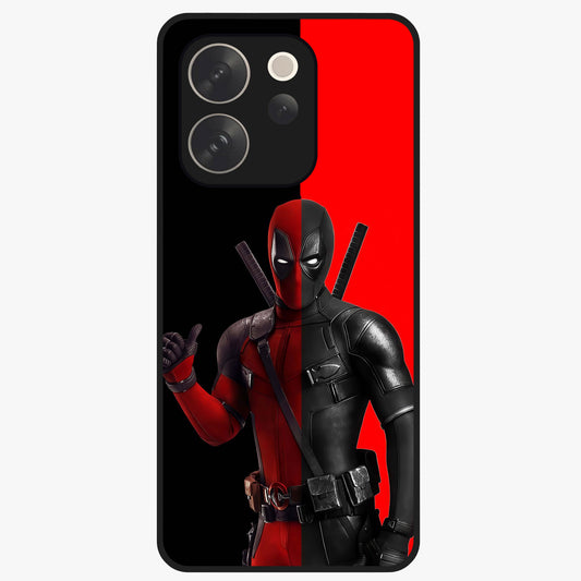 Red & Black Deadpool Theme Glass Case showing flat back view with bold comic inspired artwork and glossy glass finish.