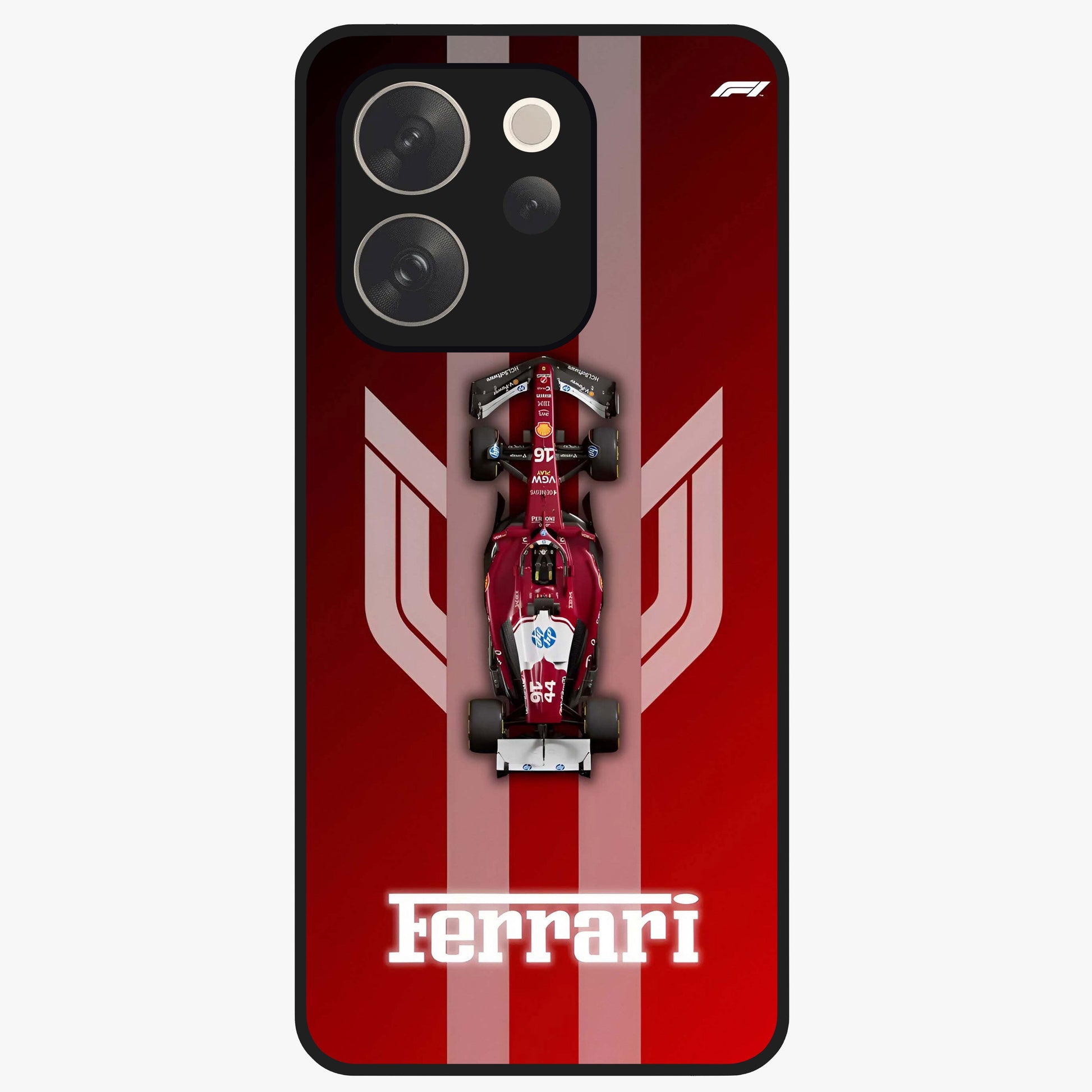 Red Ferrari F1 Vertical Glass Case showing flat back view with sleek Formula racing car artwork and glossy glass finish.