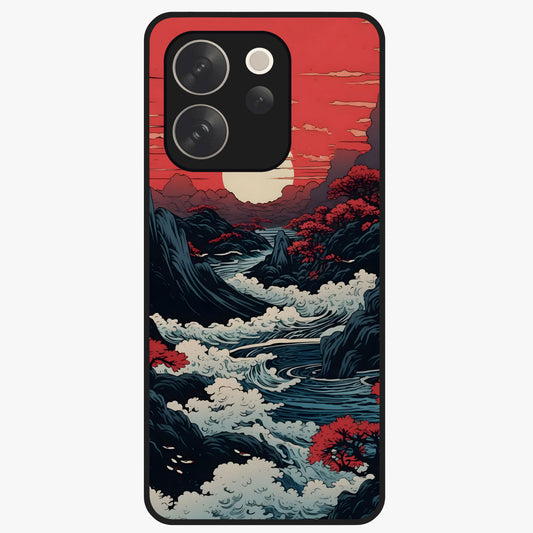 Red Sunset Scenery Glass Case showing flat back view with vibrant sunset landscape artwork and glossy glass finish.