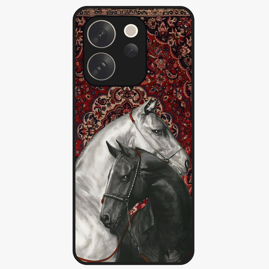 Regal Stallion Tapestry Glass Case showing flat back view with majestic horse tapestry artwork and glossy glass finish.