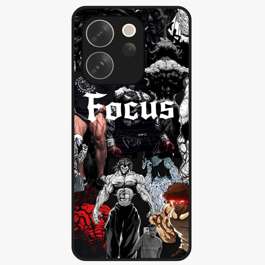 Relentless Power Focus Glass Case showing flat back view with motivational typography artwork and glossy glass finish.