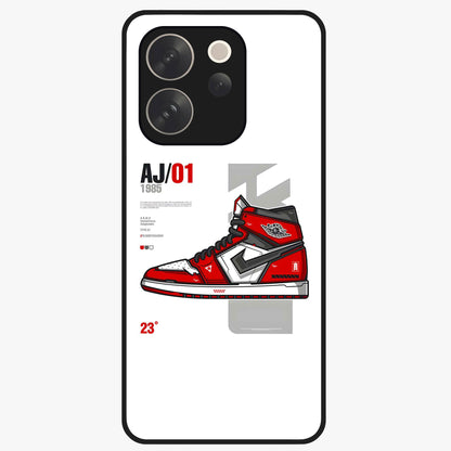 Retro Sneaker Blueprint Glass Case showing flat back view with sneaker blueprint style artwork and glossy glass finish.