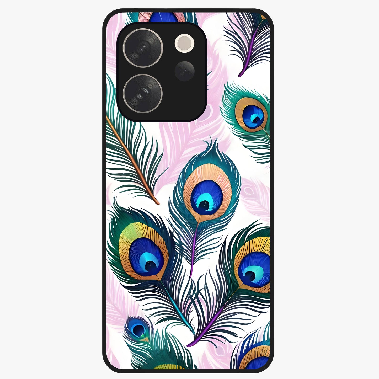 Royal Peacock Feathers Glass Case showing flat back view with colorful peacock feather artwork and glossy glass finish.