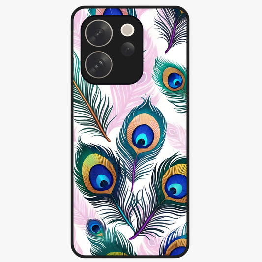 Royal Peacock Feathers Glass Case showing flat back view with colorful peacock feather artwork and glossy glass finish.