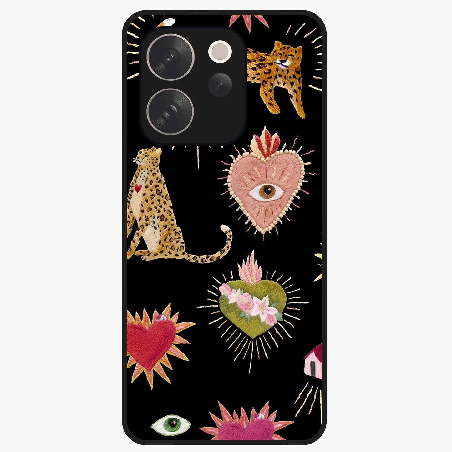Sacred Jungle Heart Glass Case showing flat back view with jungle inspired heart artwork and glossy glass finish.