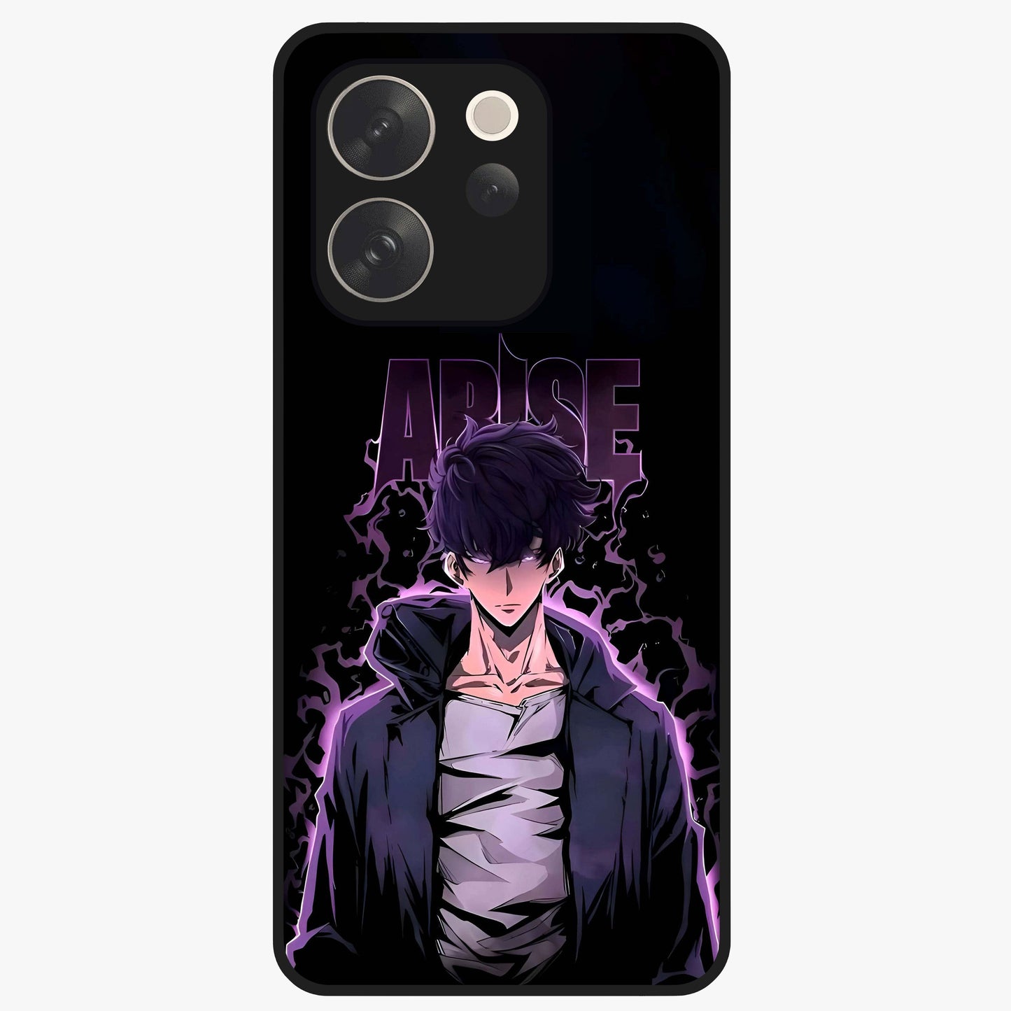 Shadow Monarch Awakening Glass Case showing flat back view with powerful dark monarch themed artwork and glossy glass finish.