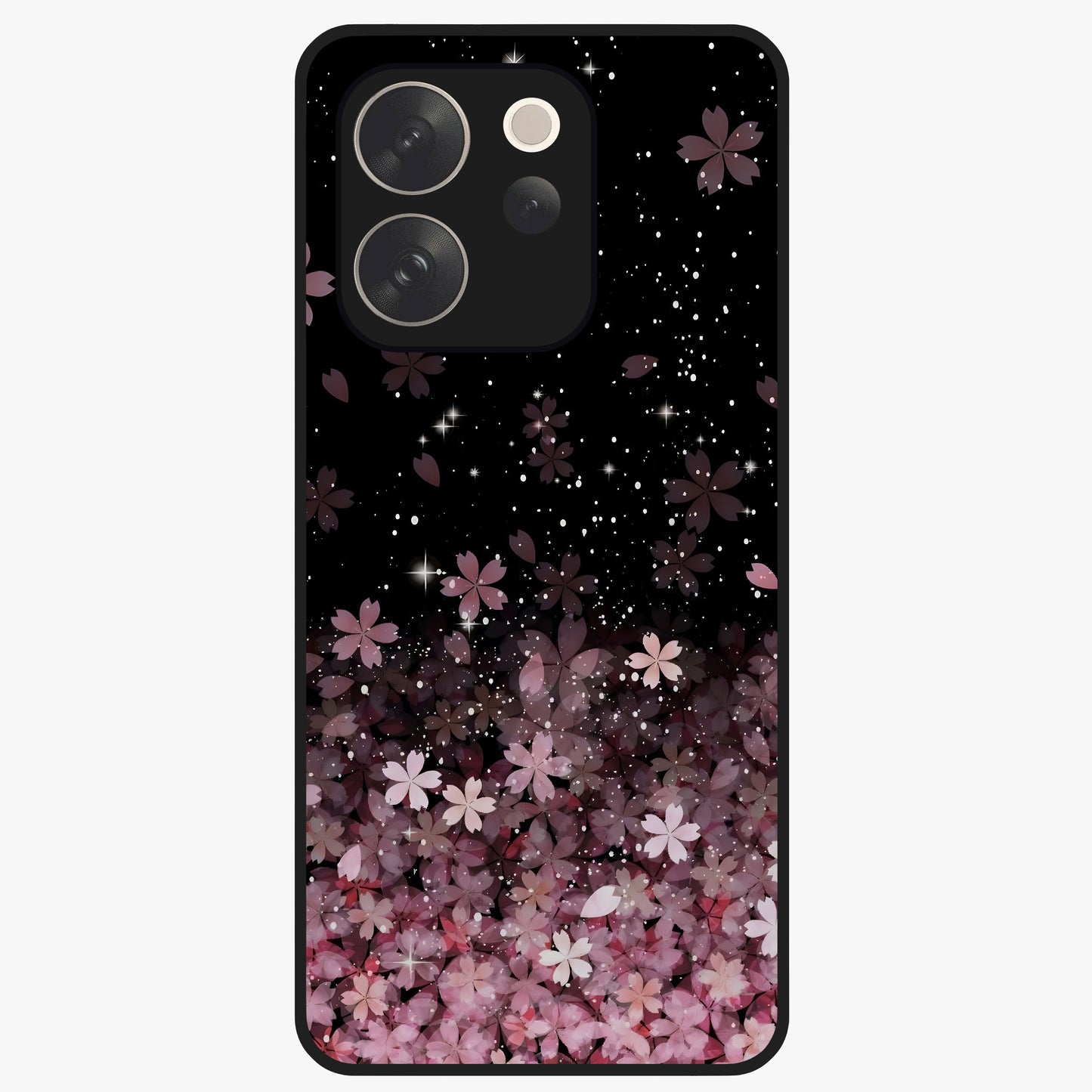 Small Starry Flowers Glass Case showing flat back view with delicate starry floral artwork and glossy glass finish.
