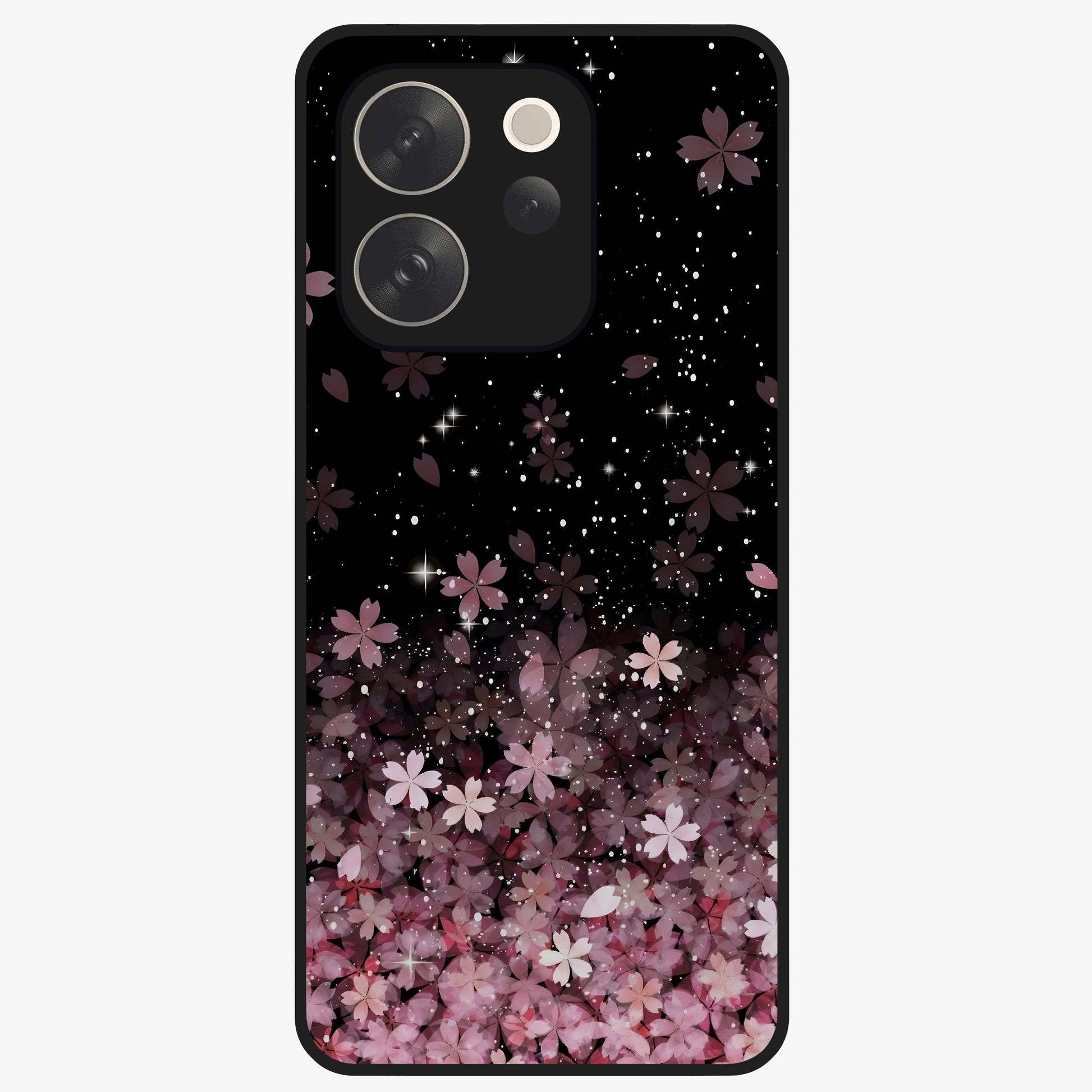Small Starry Flowers Glass Case showing flat back view with delicate starry floral artwork and glossy glass finish.