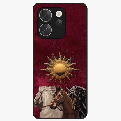 Solar Riders Glass Case showing flat back view with dynamic rider themed artwork and glossy glass finish.