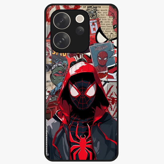 Spider Collage Street Glass Case showing flat back view with vibrant superhero collage artwork and glossy glass finish.