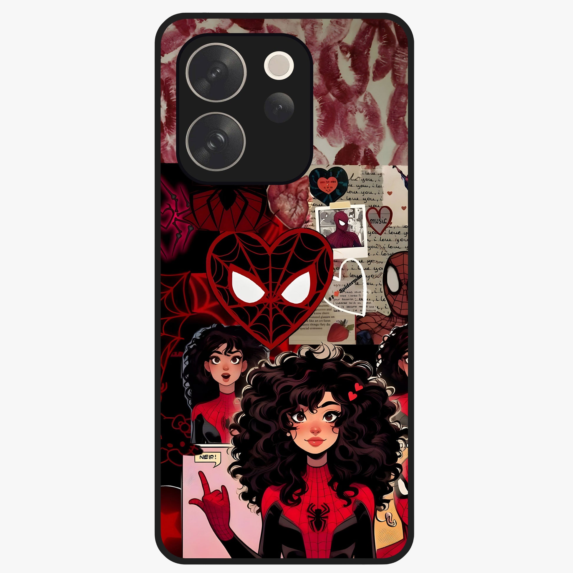 Spider Love Story Glass Case showing flat back view with romantic superhero themed artwork and glossy glass finish.