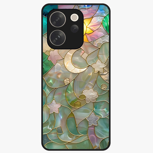 Stained Sunrise Glow Glass Case showing flat back view with glowing sunrise stained pattern artwork and glossy glass finish.