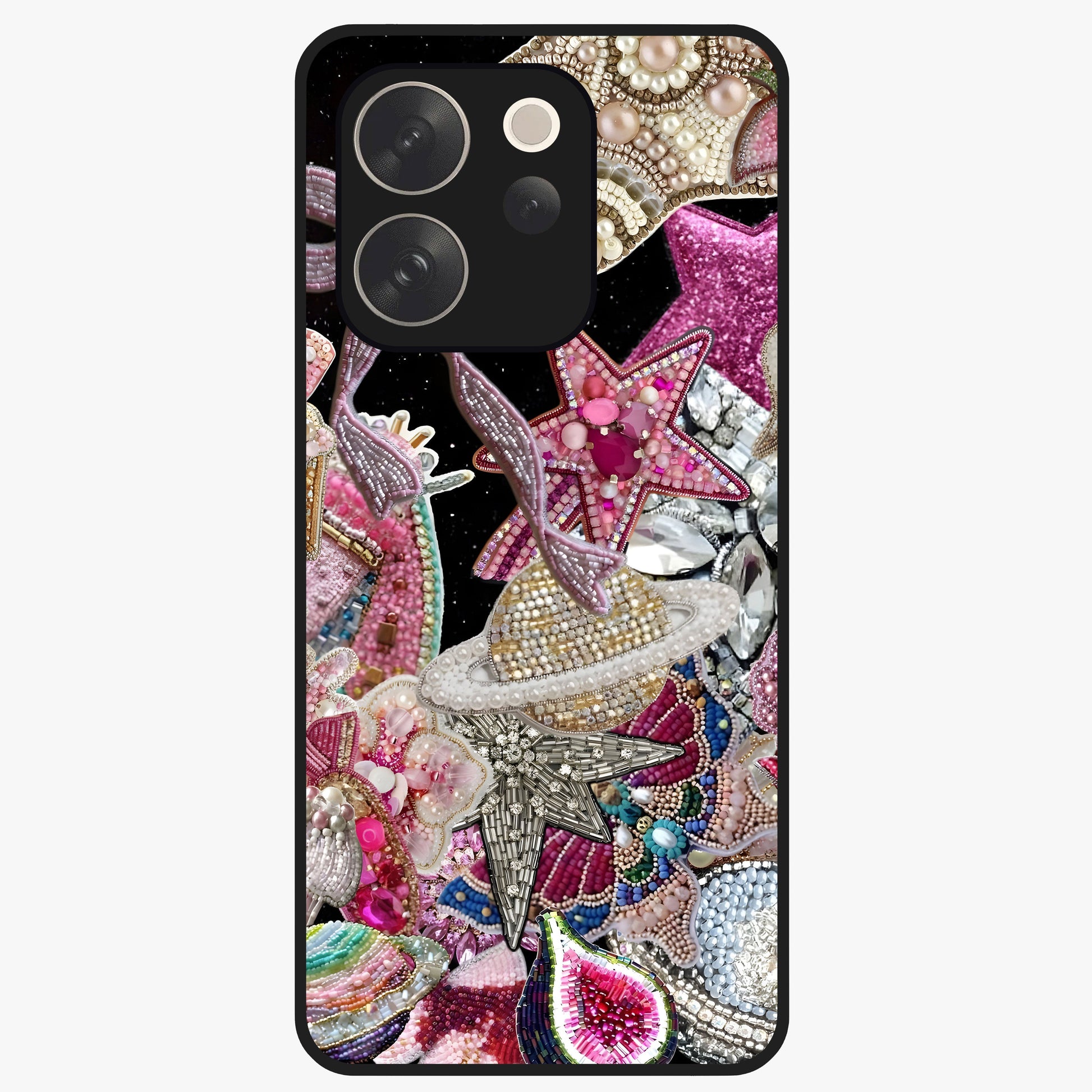 Starlit Jewel Dream Glass Case showing flat back view with sparkling jewel and star themed artwork and glossy glass finish.