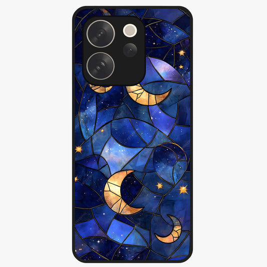 Starlit Sky Tapestry Glass Case showing flat back view with decorative starry sky tapestry artwork and glossy glass finish.