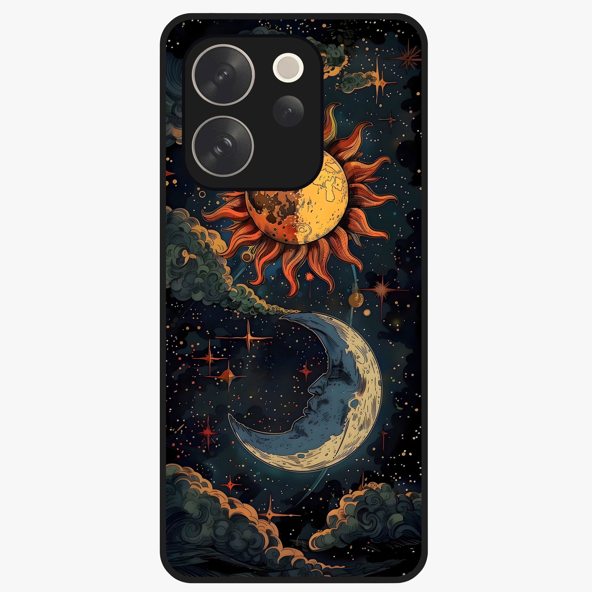 Sun And Moon Magic Design Glass Case showing flat back view with mystical sun and moon artwork and glossy glass finish.