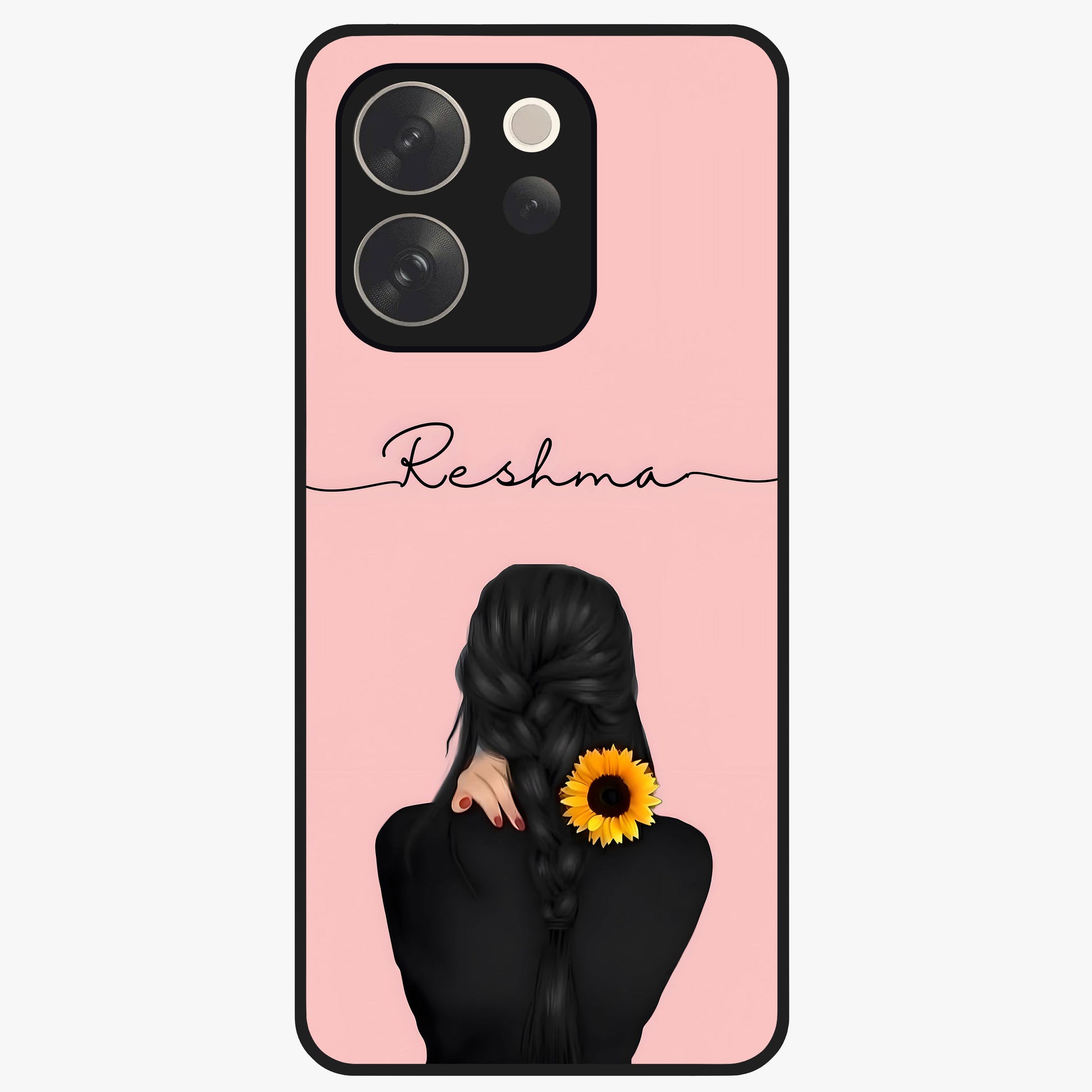 Sunflower Braid Beauty With Custom Name Glass Case showing flat back view with sunflower braid artwork and personalized name design.