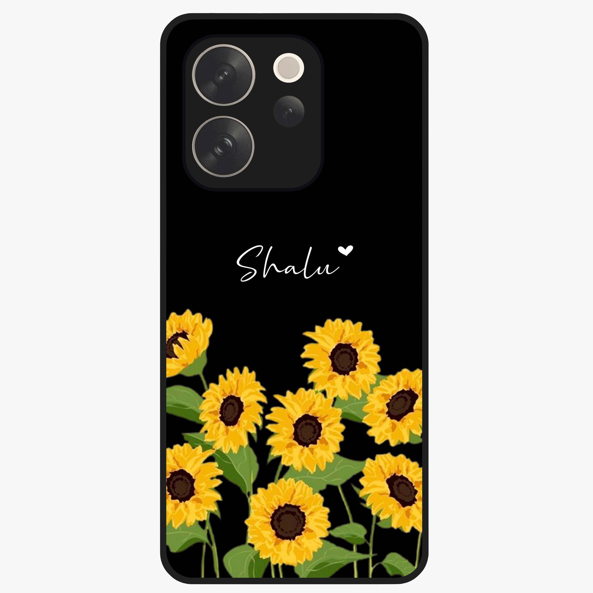 Sunflower Chic Mood Custom Name Glass Case showing flat back view with stylish sunflower artwork and personalized name design.