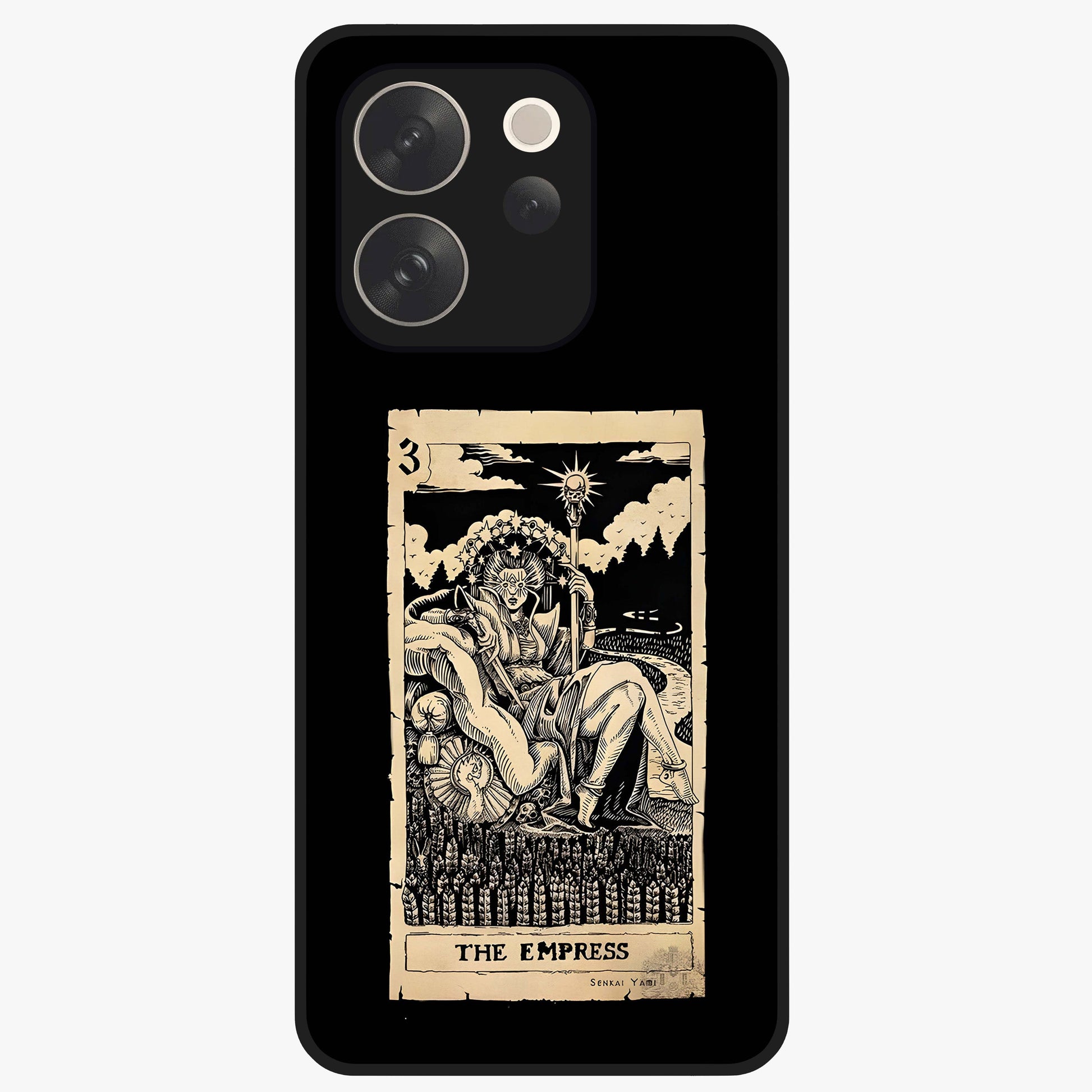 The Empress Glass Case showing flat back view with regal feminine artwork and glossy glass finish.