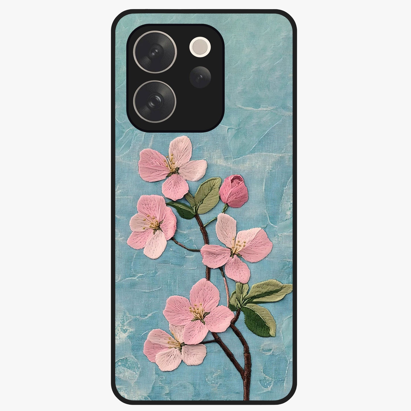 Threaded Blossom Breeze Glass Case showing flat back view with delicate blossom artwork and glossy glass finish.