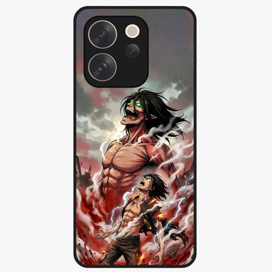 Titan Awakening Fury Glass Case showing flat back view with powerful titan inspired artwork and glossy glass finish.