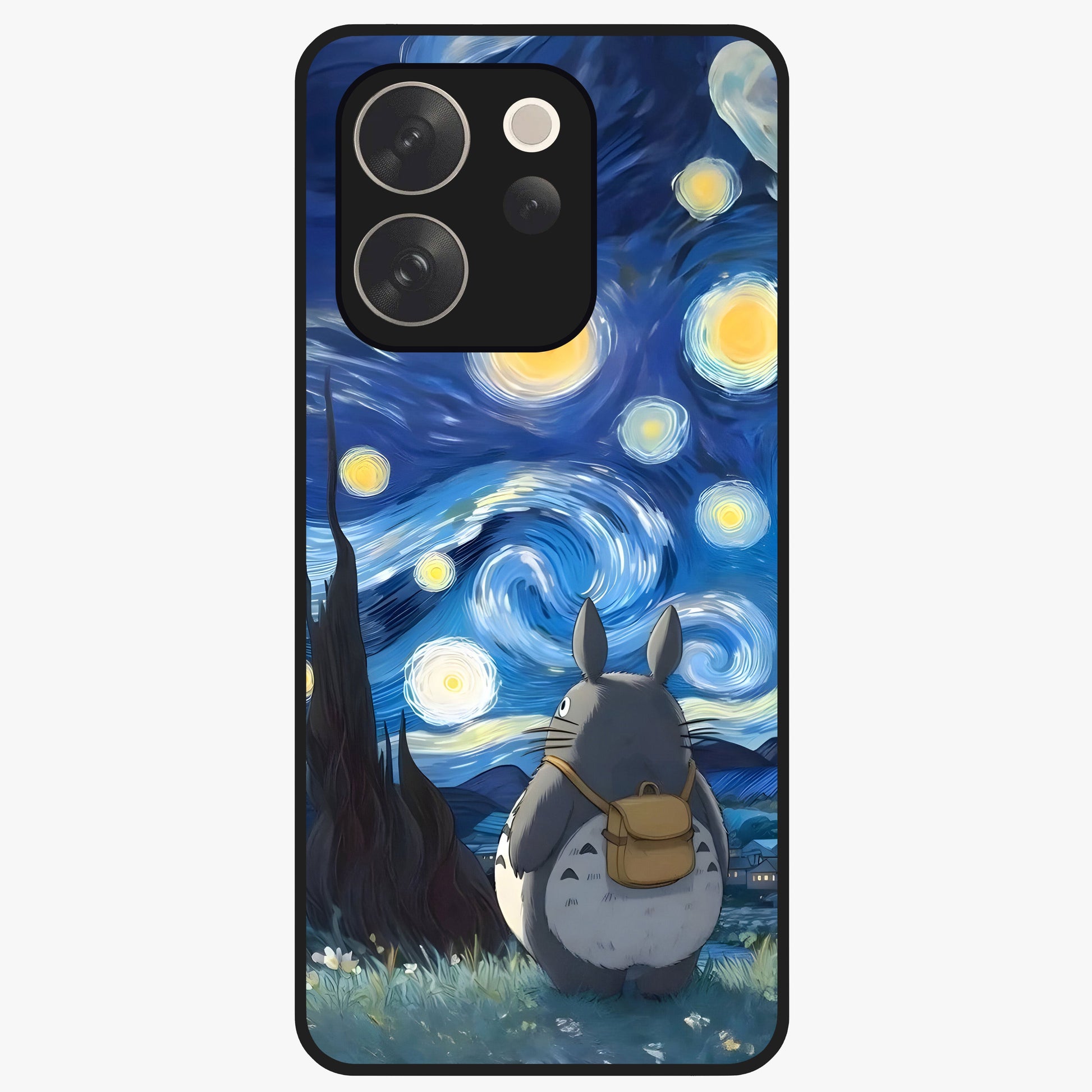 Totoro In Van Gogh Art Glass Case showing flat back view with whimsical character artwork inspired by Van Gogh style and glossy glass finish.
