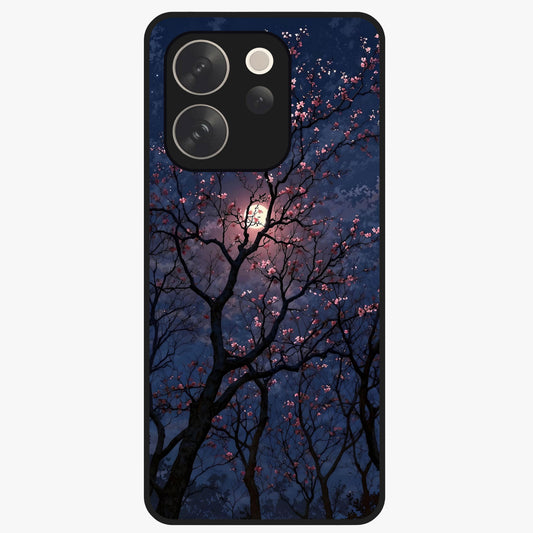 Twilight Sakura Serenade Glass Case showing flat back view with cherry blossom artwork at twilight and glossy glass finish.