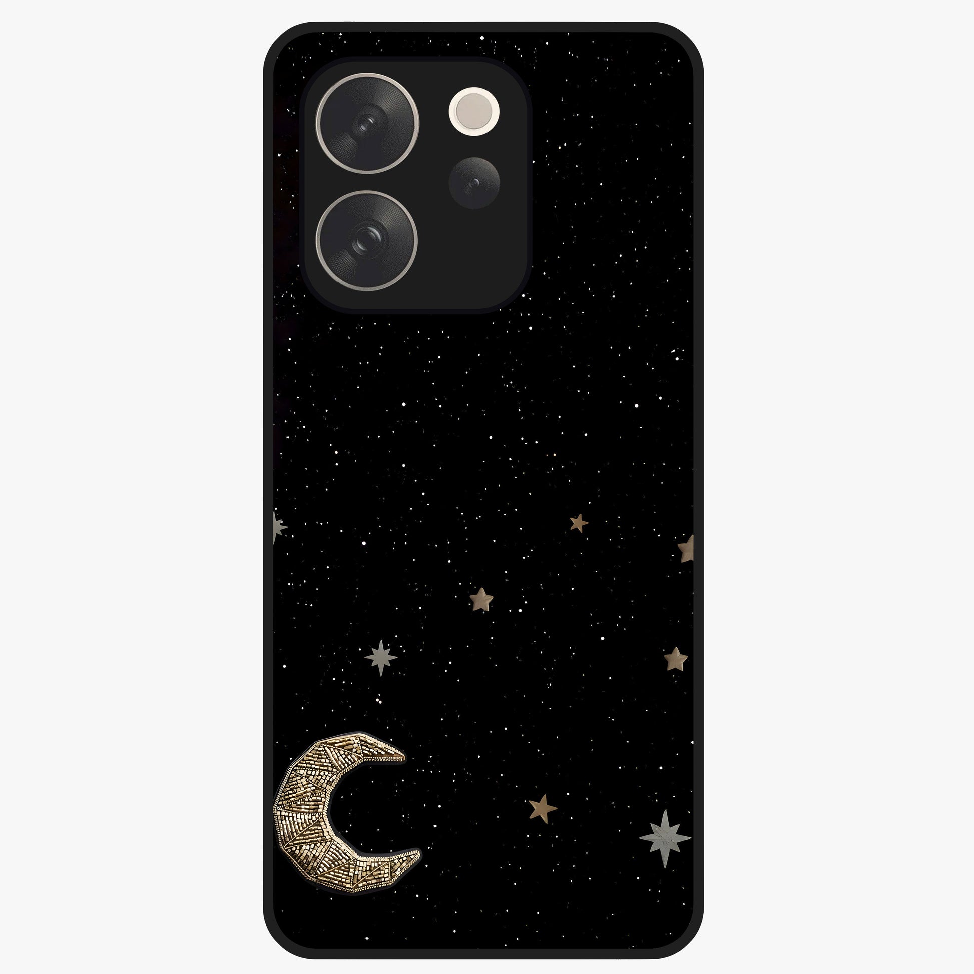 Twinkle Star With Half Moon Glass Case showing flat back view with star and half moon artwork and glossy glass finish.