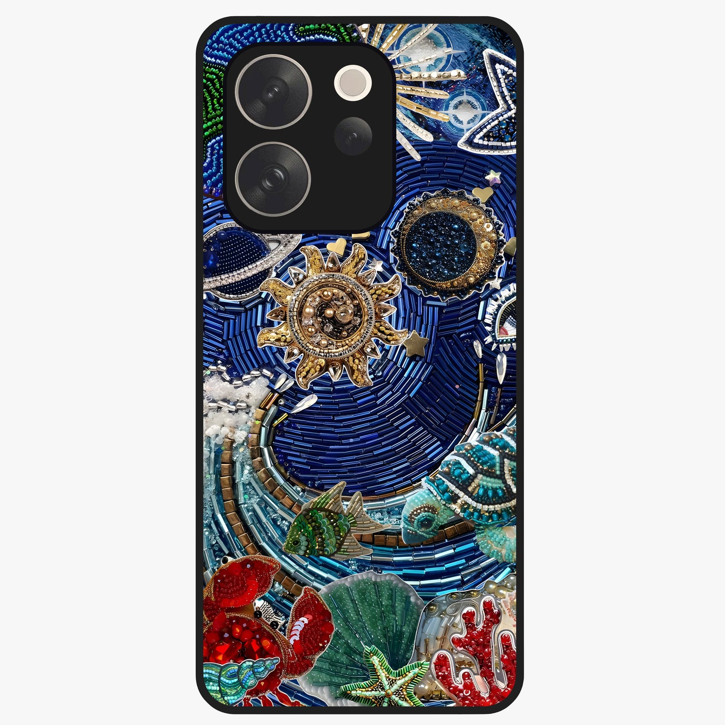 Universe Underwater Spark Glass Case showing flat back view with cosmic underwater themed artwork and glossy glass finish.