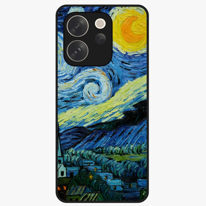 Van Gogh Art Glass Case showing flat back view with classic painterly artwork inspired by Van Gogh style and glossy glass finish.