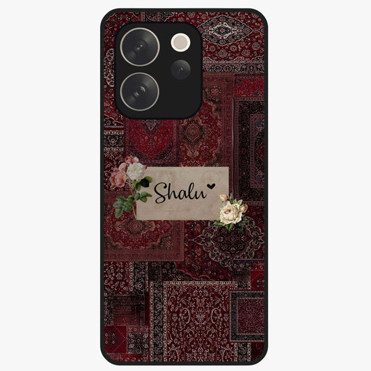Velvet Wine Pattern Custom Name Glass Case showing flat back view with elegant wine colored pattern artwork and personalized name design.