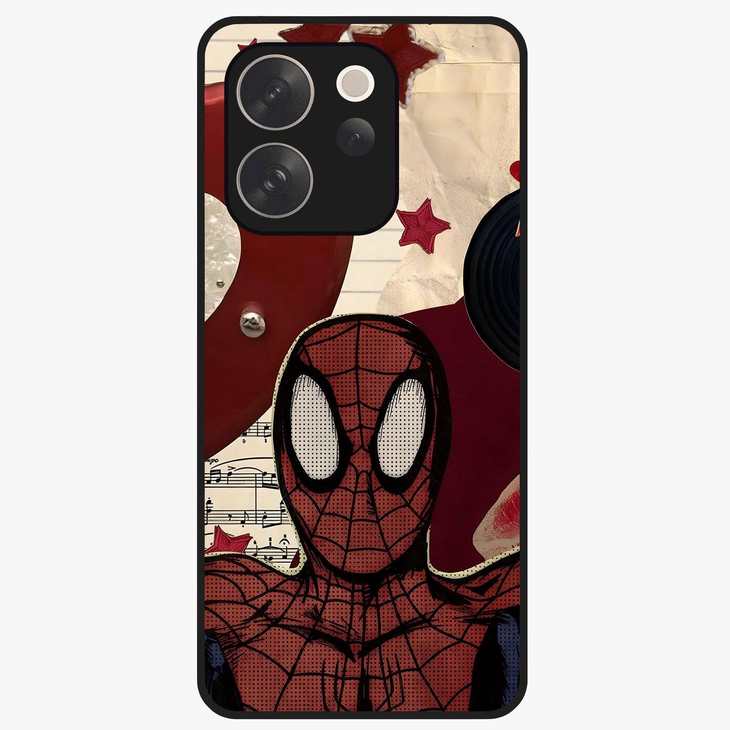 Web Warrior Vibes Glass Case showing flat back view with superhero inspired web themed artwork and glossy glass finish.