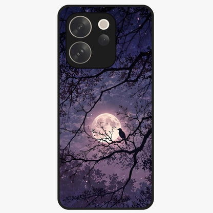 Whispering Moon Silence Glass Case showing flat back view with serene moon themed artwork and glossy glass finish.