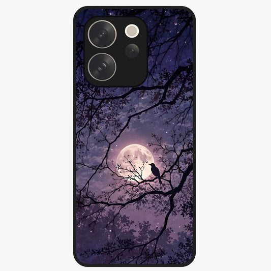 Whispering Moon Silence Glass Case showing flat back view with serene moon themed artwork and glossy glass finish.