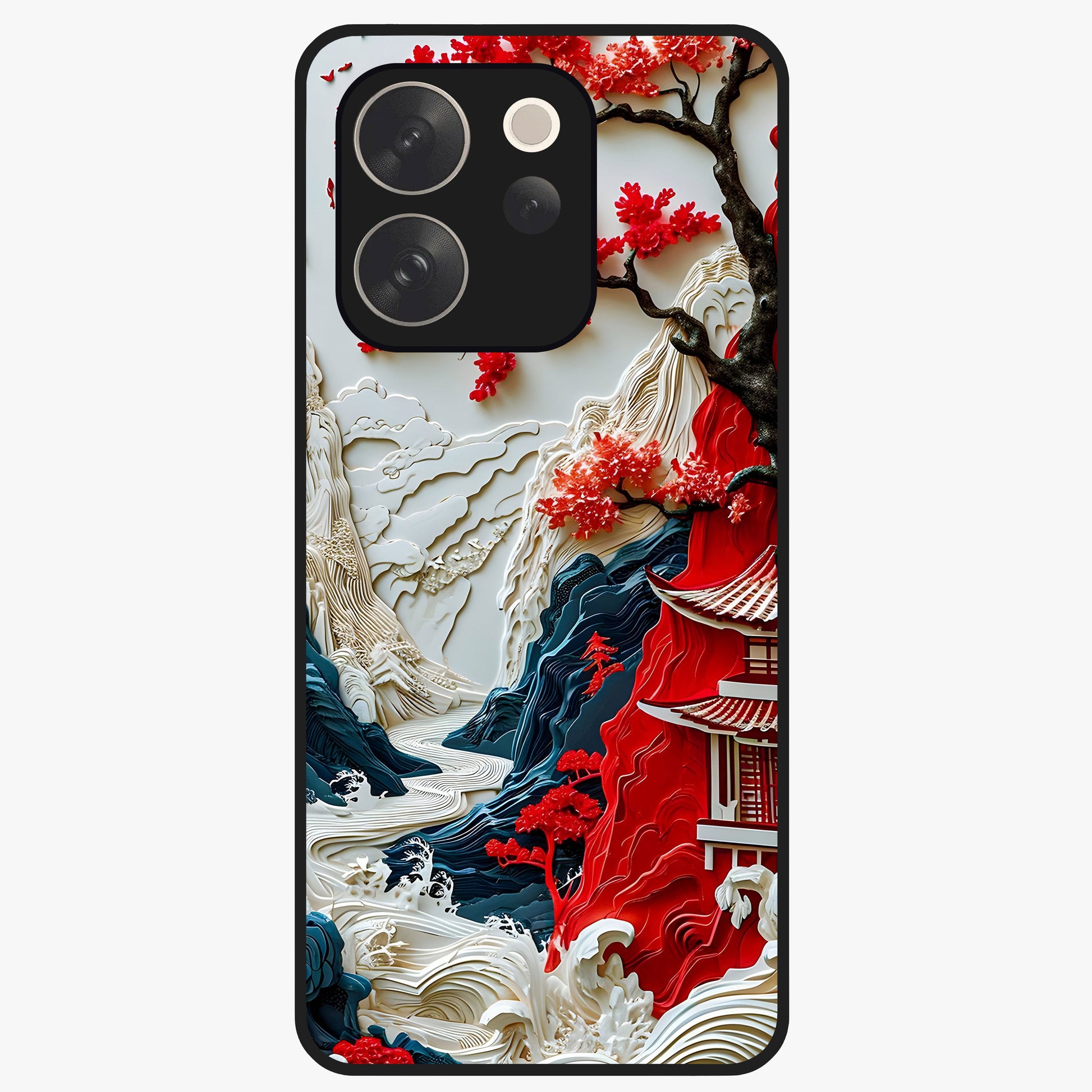 Whispers Of Sakura Waves Glass Case showing flat back view with cherry blossom wave artwork and glossy glass finish.