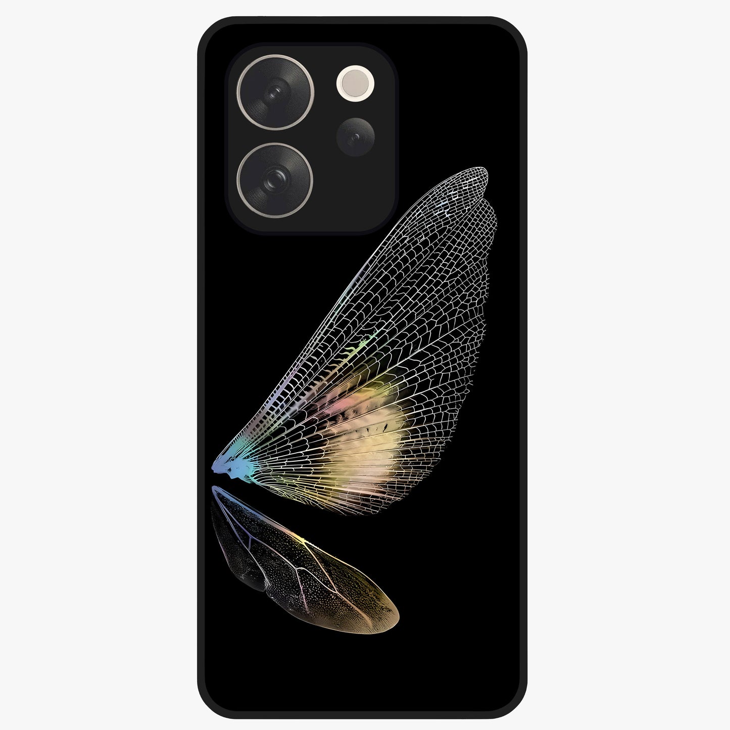 Whispers Of Wings Glass Case showing flat back view with graceful wing inspired artwork and glossy glass finish.