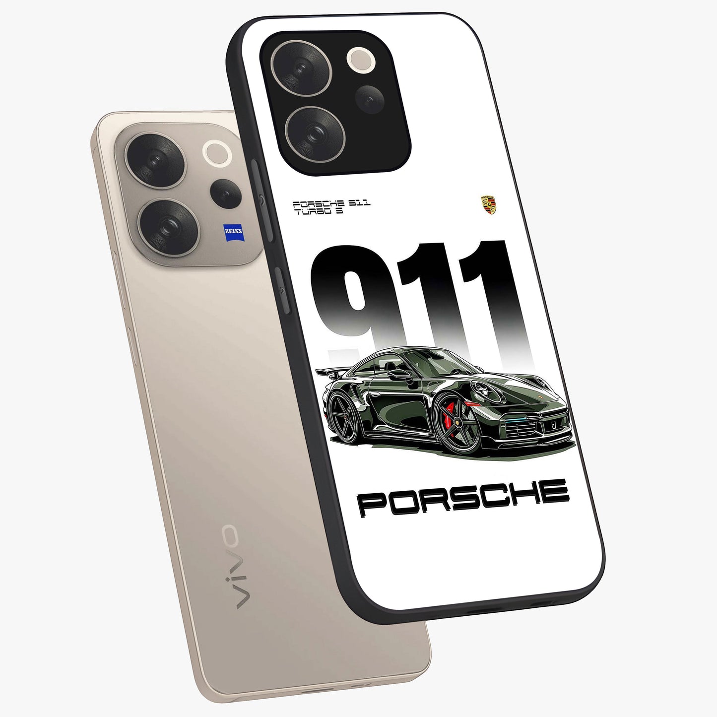 911 Turbo Dominance Glass Case displayed in premium angled mockup highlighting sporty car illustration and sleek glass surface.