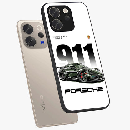 911 Turbo Dominance Glass Case displayed in premium angled mockup highlighting sporty car illustration and sleek glass surface.