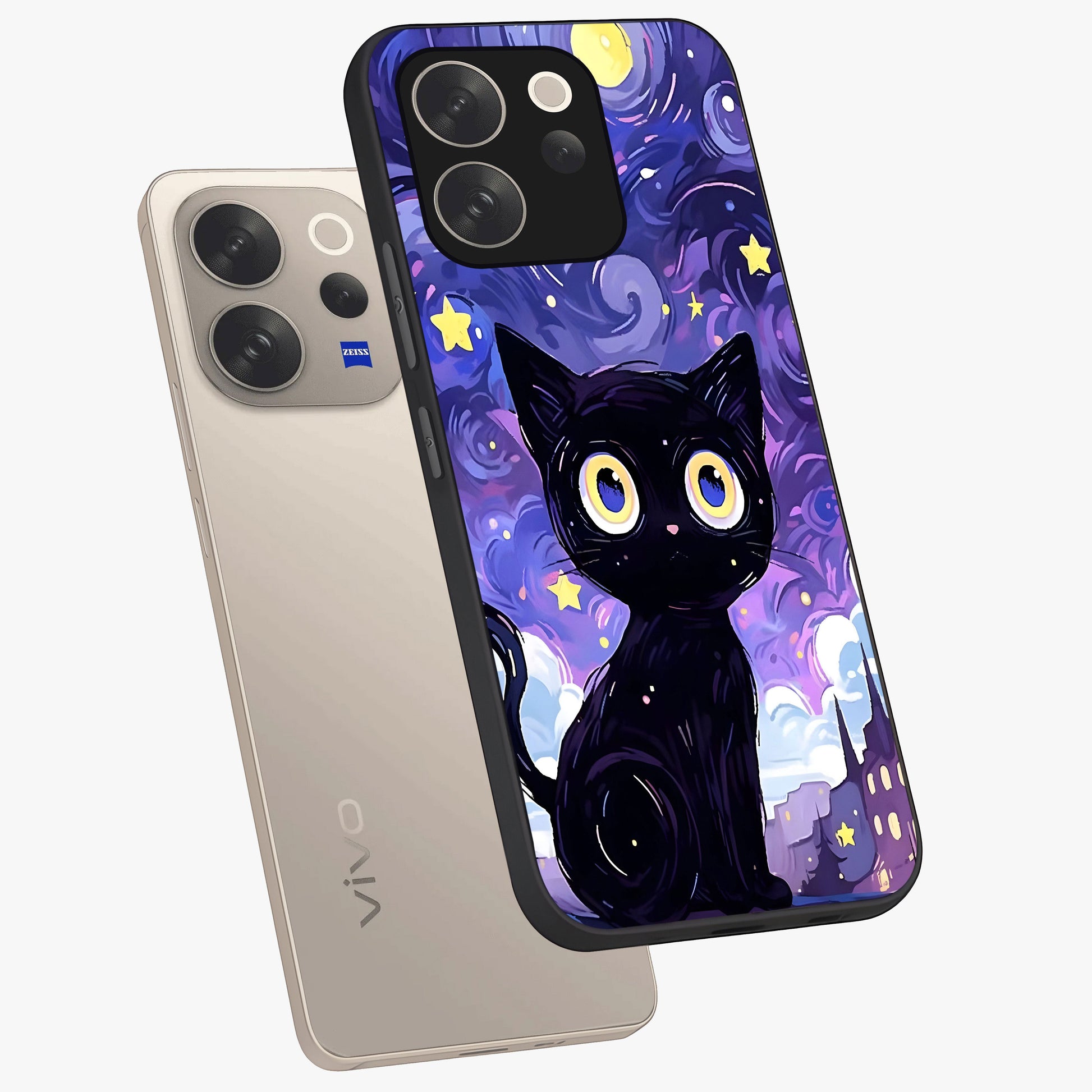 Abstract Cat Art Glass Case displayed in angled mockup highlighting modern abstract cat artwork and sleek glass surface.