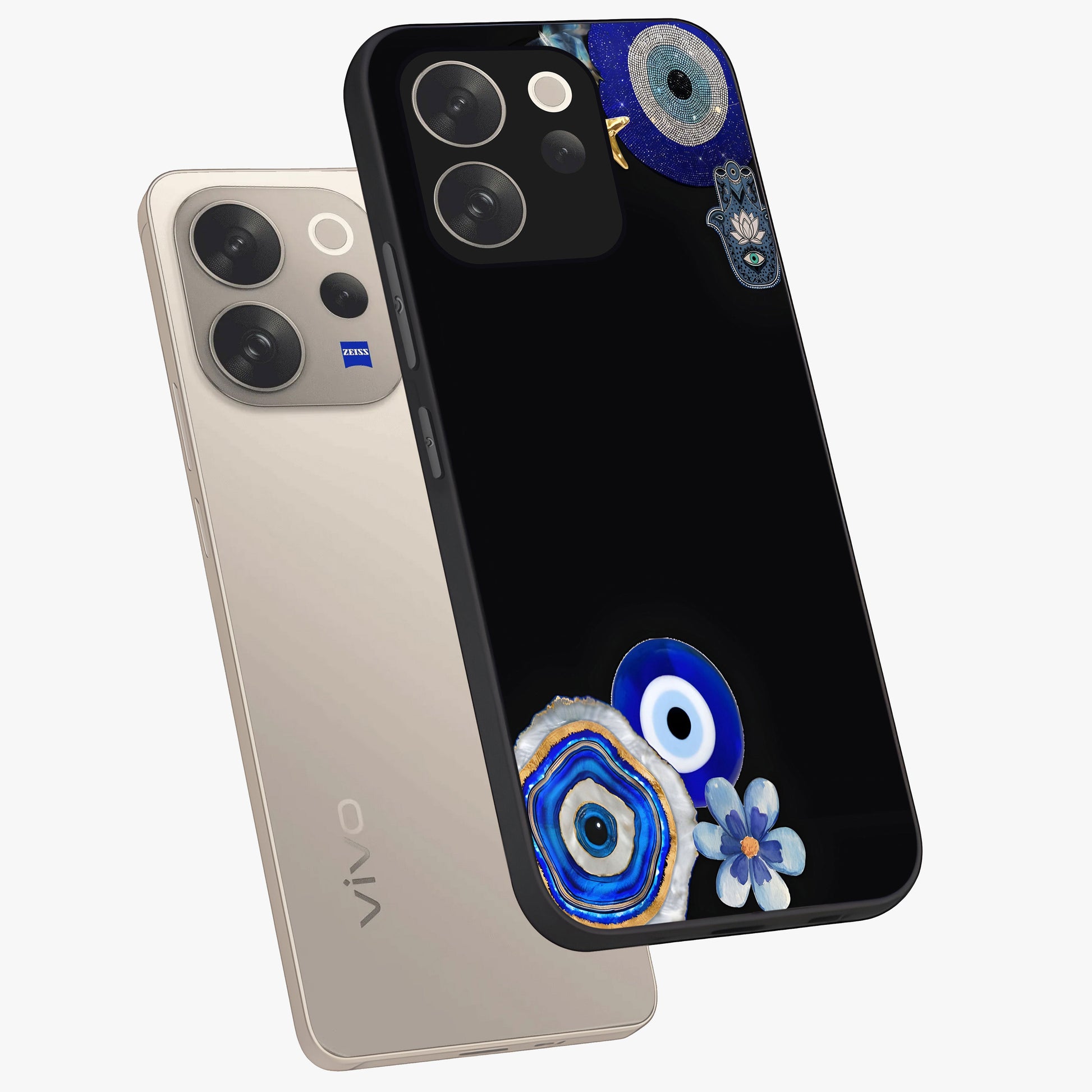 Aesthetic Blue Evil Eye Glass Case displayed in angled mockup highlighting blue evil eye symbol and spiritual aesthetic design.
