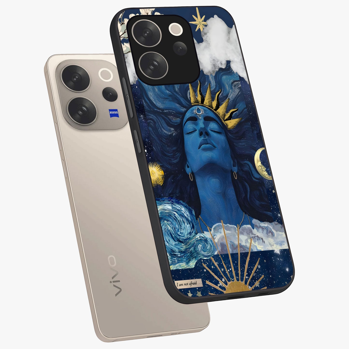Aesthetic Lord Shiva Glass Case displayed in angled mockup highlighting spiritual Shiva illustration and sacred aesthetic design.