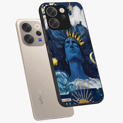 Aesthetic Lord Shiva Glass Case displayed in angled mockup highlighting spiritual Shiva illustration and sacred aesthetic design.