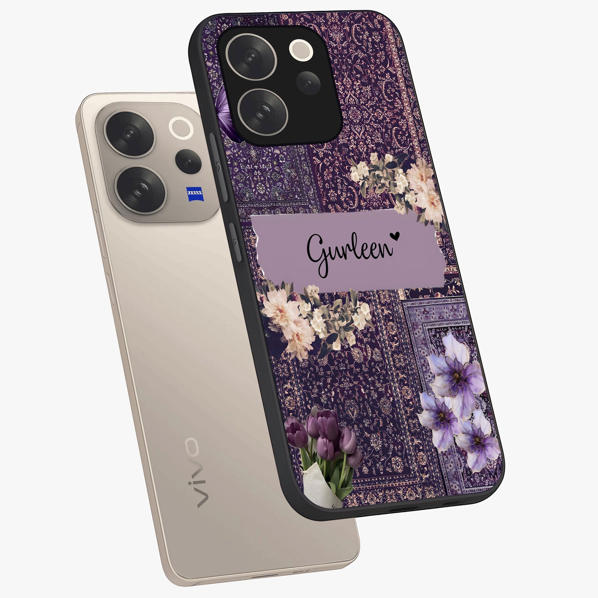 Antique Floral Whisper Custom Name Glass Case displayed in angled mockup highlighting elegant antique floral aesthetic.