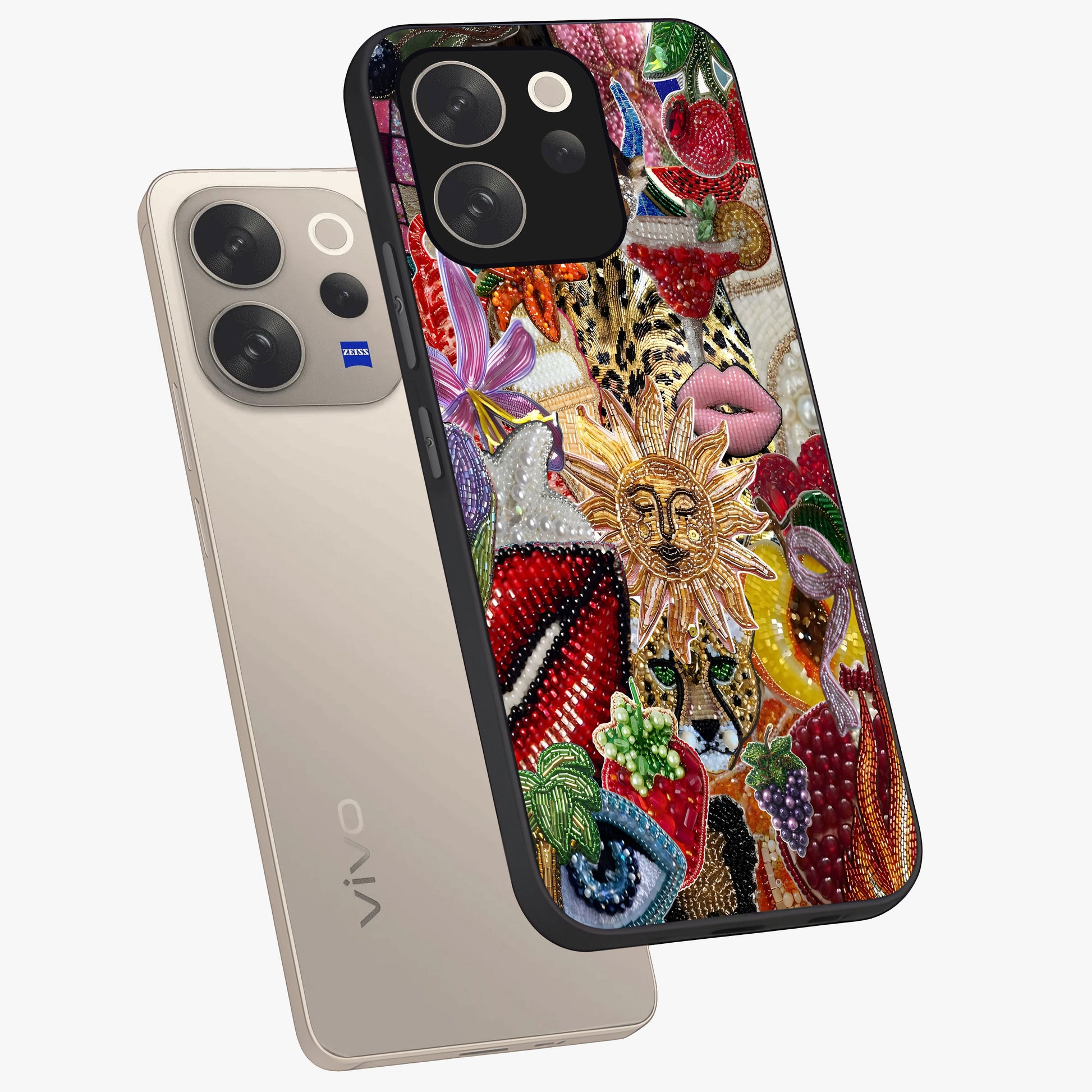 Beaded Fashion Jungle Glass Case displayed in angled mockup highlighting colorful fashion bead design and artistic pattern.
