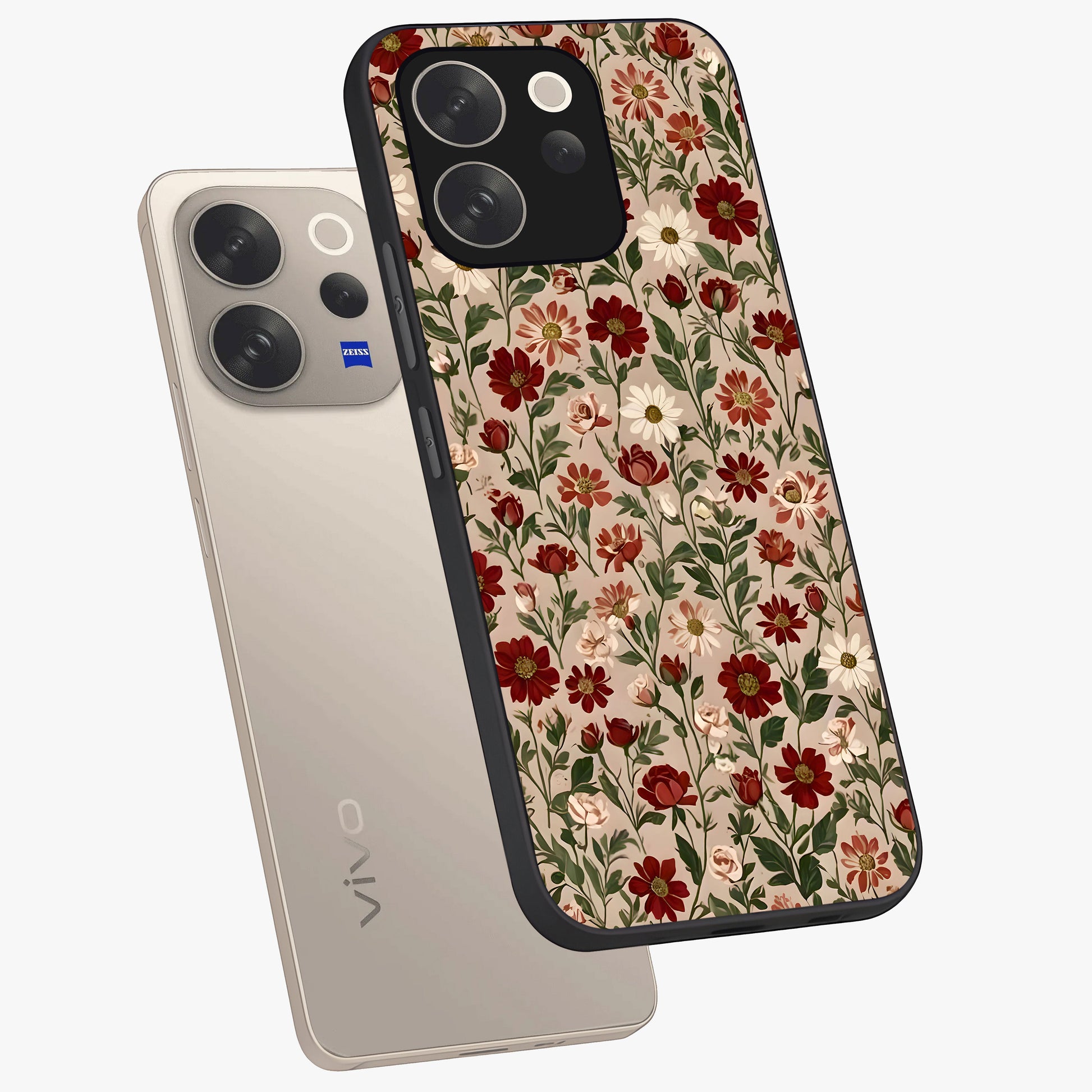 Biege Flower With Leaf Glass Case displayed in angled mockup highlighting minimal floral leaf design and elegant aesthetic.