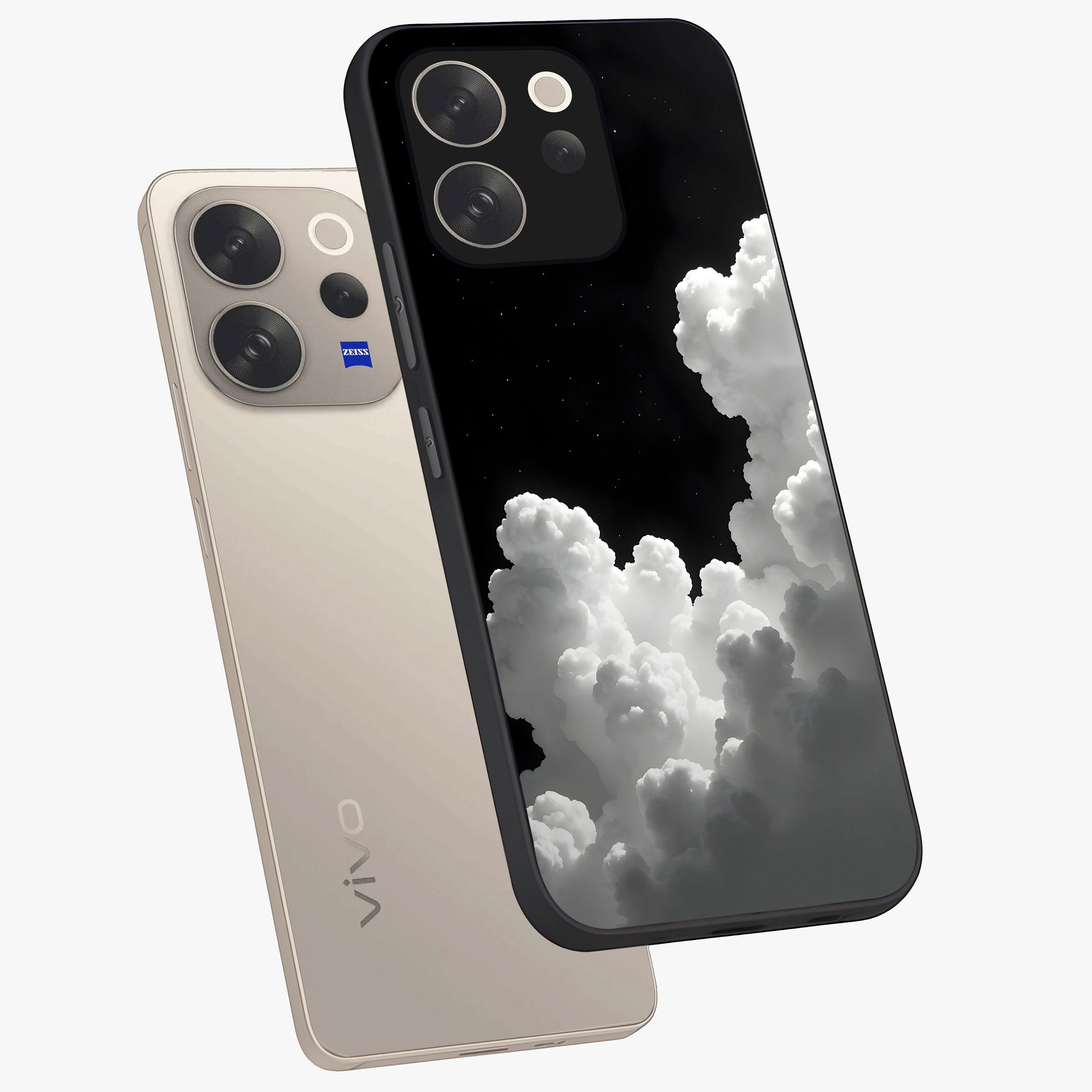 Black Background With White Cloud Glass Case displayed in angled mockup highlighting soft white cloud illustration and minimal design.