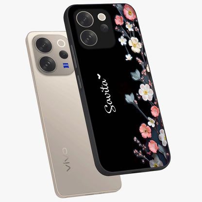 Black Elegance Floral Custom Name Glass Case displayed in angled mockup highlighting dark floral aesthetic and custom name feature.
