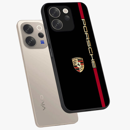 Black Minimal Porsche Glass Case displayed in angled mockup highlighting modern minimal car illustration and clean aesthetic design.